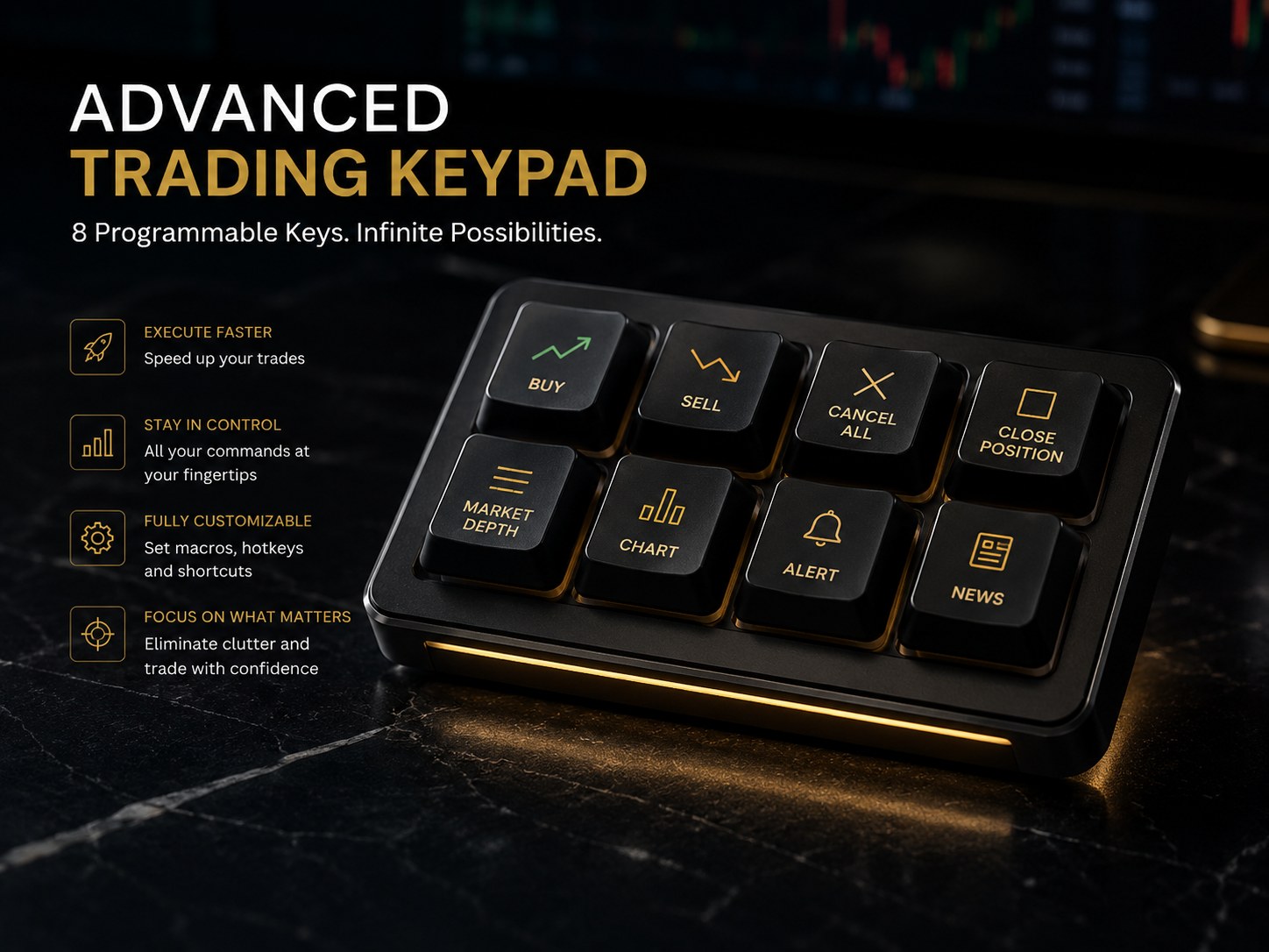 Illustrative advanced 8-key trading keypad